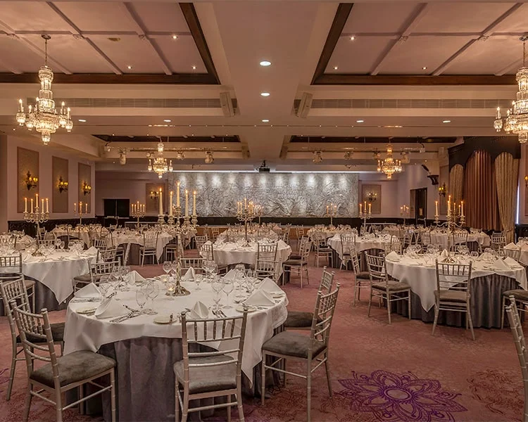 The Great Hall set up for a wedding at Clontarf Castle Wedding Venue in Dublin.